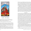 A vivid image from The Buddha Tarot by Schiffer Publishing, Ltd. shows a bearded man in red-green robes, cross-legged on grass before mountains and blue sky, with text titled "I. ASITA—THE SEER" and a Commentary section, evoking enlightenment themes.