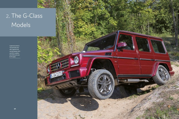 A red Mercedes-Benz G-Class from Schiffer Publishing, Ltd. navigates an off-road dirt path amid lush greenery, showcasing its rugged all-wheel-drive features. On the left, a gray panel reads: 2. The G-Class Models.