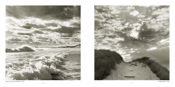 Two black-and-white photos from "Martha's Vineyard" by Schiffer Publishing, Ltd. depict ocean waves hitting a sandy beach and a path winding through grassy dunes—timeless seascapes captured in striking silver gelatin prints.
