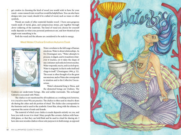 A vibrant illustration from “An Illuminated Guide to Wicca” by Schiffer Publishing, Ltd. features a blue-haired mermaid with a golden-orange tail and chalice under "Water," with swirling water motifs, pearls, and pagan wisdom about water.
