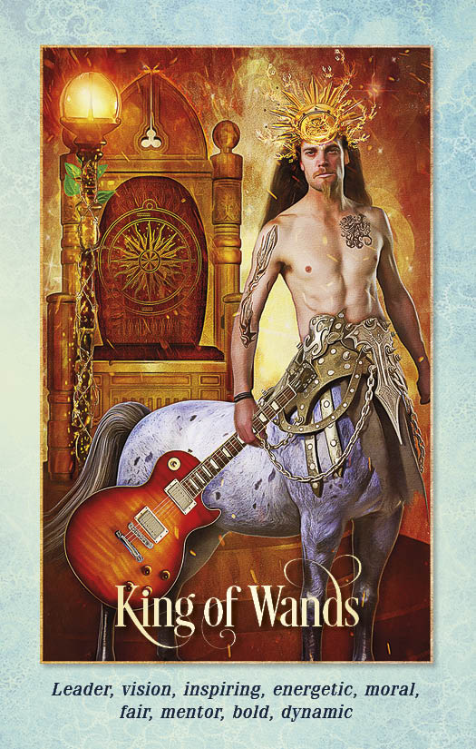 In the Tarot of the Enchanted Soul by Schiffer Publishing, Ltd., the King of Wands card shows a centaur with a guitar beside a throne, crowned and armored, symbolizing bold leadership—an inspiring divination tool.