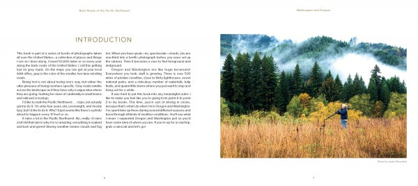 A landscape photographer with a tripod stands in a grassy field amid pine trees and autumn foliage, mist rising over the Pacific Northwest forest. The left page introduces "Back Roads of the Pacific Northwest" by Schiffer Publishing, Ltd.