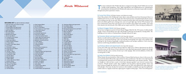 A two-page spread from "Motels of Wildwood" by Schiffer Publishing, Ltd. displays a blue diamond design, building key list, and North Wildwood text alongside black-and-white photos of retro diners, vintage cars, and Doo Wop motel architecture.