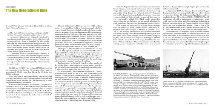 A Schiffer Publishing, Ltd. book spread featuring text on artillery advancements and three black-and-white photos showing heavy field artillery, including the 155 mm Gun M1 “Long Tom” being fired outdoors and a large railway gun.
