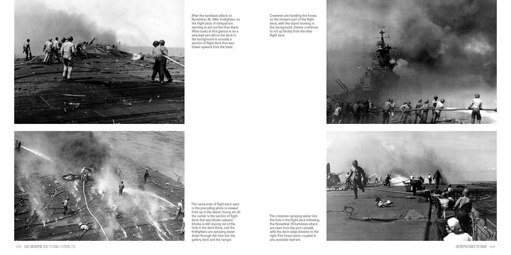 Four black-and-white wartime photos depict sailors on the USS Intrepid (CV-11/CVA-11/CVS-11) battling fires, smoke, and debris after an attack; one image shows a damaged ship in the background. Schiffer Publishing, Ltd.