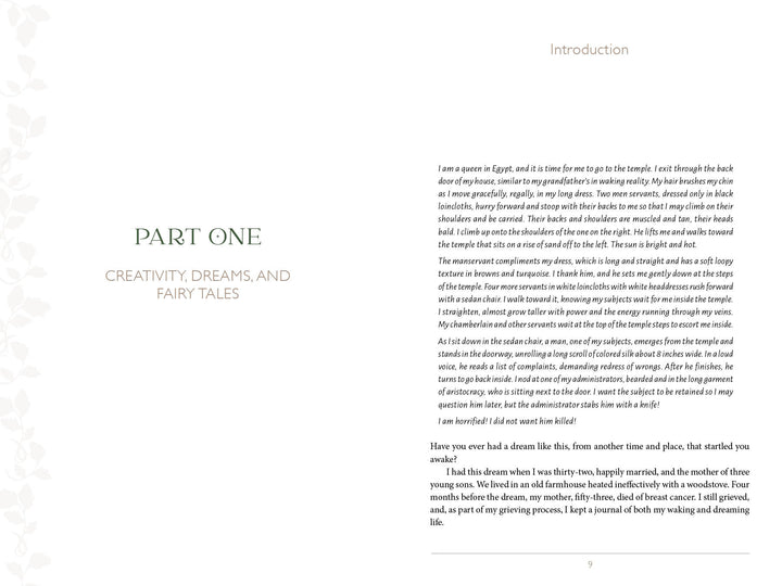 An open copy of "Enchanting Creativity" by Schiffer Publishing, Ltd. showcases the Introduction and start of Part One: Creativity, Dreams, and Fairy Tales, its right page featuring serif text against a white background for creative inspiration.