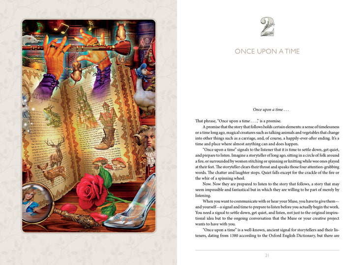 An illustrated page from Enchanting Creativity by Schiffer Publishing, Ltd. depicts a fairy tale scene with a dragon, witch, rose under glass, and glass slipper by a scroll. Text on the right starts “Once upon a time” under a silver slipper illustration.