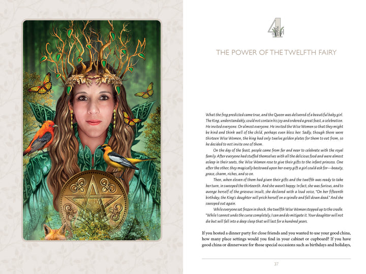 A woman in a green robe and crown of branches stands amid birds and butterflies, holding a golden pentacle. With serene leafy art, "Enchanting Creativity" by Schiffer Publishing, Ltd. inspires journaling; text appears on the right page.