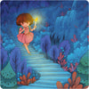 A girl in a pink dress climbs blue stone steps with a lit candle through a magical, glowing night forest inspired by "Wisdom for Wee Ones" from Schiffer Publishing, Ltd., surrounded by blue and purple trees and a waterfall in the background.