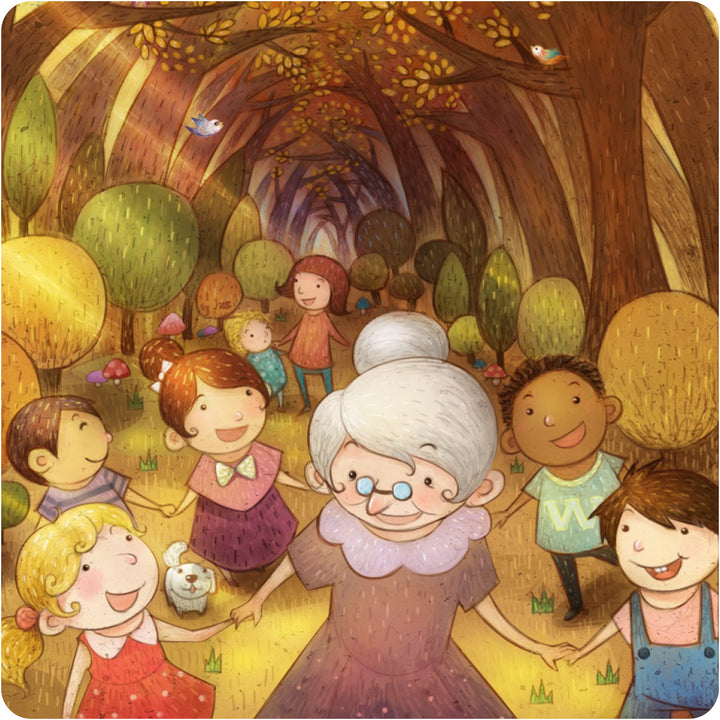 A cheerful elderly woman with glasses leads smiling children holding hands through a colorful autumn forest, sharing *Wisdom for Wee Ones* cards from Schiffer Publishing, Ltd. Warm light, falling leaves, and a small dog complete the joyful scene.