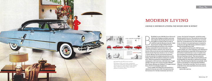 A vintage spread from "Glamour Road" by Schiffer Publishing, Ltd. features a sleek 1950s blue Lincoln in a modern living room with chic furniture, tall windows, and a woman in a red dress standing behind the car.