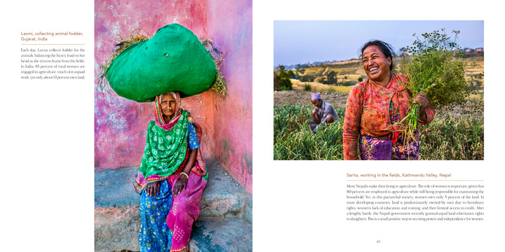 Left: An elderly woman in colorful attire carries green fodder on her head. Right: A smiling rural woman with greens, featured in Alison Wright’s 'Grit and Grace' by Schiffer Publishing, Ltd., showcasing empowered women.
