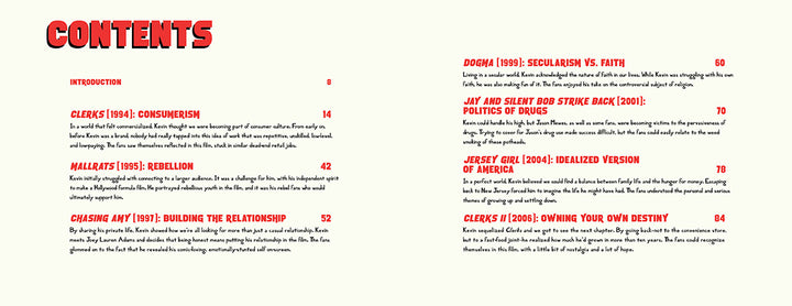 A table of contents with a red CONTENTS heading and black subheadings lists Schiffer Publishing, Ltd.’s Kevin Smith highlights: introduction, Clerks, Mallrats, Chasing Amy (left); Dogma, Jay and Silent Bob, Jersey Girl, Clerks II (right).