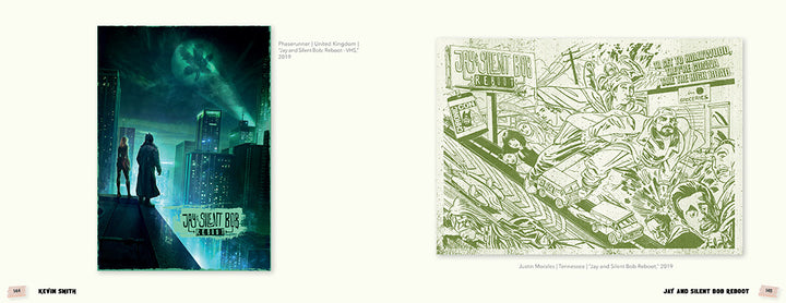 Two illustrated posters from Schiffer Publishing, Ltd. celebrate Kevin Smith’s indie classics: one features two figures on a city rooftop at night; the other shows a comic-style scene full of chaos with characters and cars.