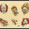 Six vibrant, traditional-style tattoo flash illustrations by John W. Harden feature demonic and dragon heads with exaggerated features, horns, fangs, and flames on a beige background. "Ink Master" appears near the bottom. Schiffer Publishing, Ltd.
