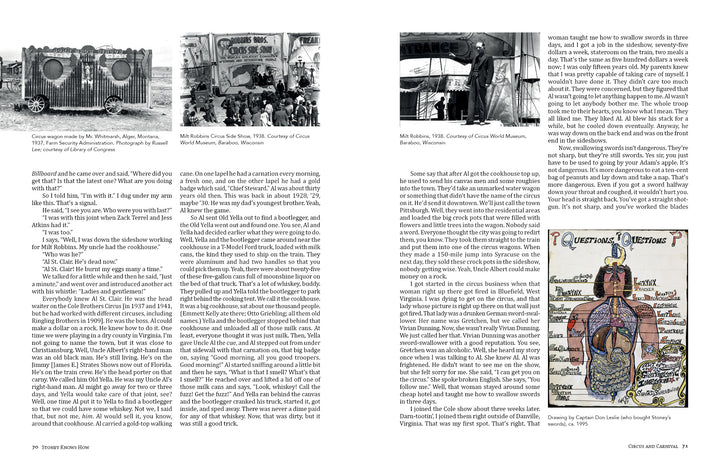 A two-page spread from "Stoney Knows How" by Schiffer Publishing, Ltd. features vintage circus photos—wagons, performers, posters—and text recalling circus life and stories from tattoo legend Stoney St. Clair.