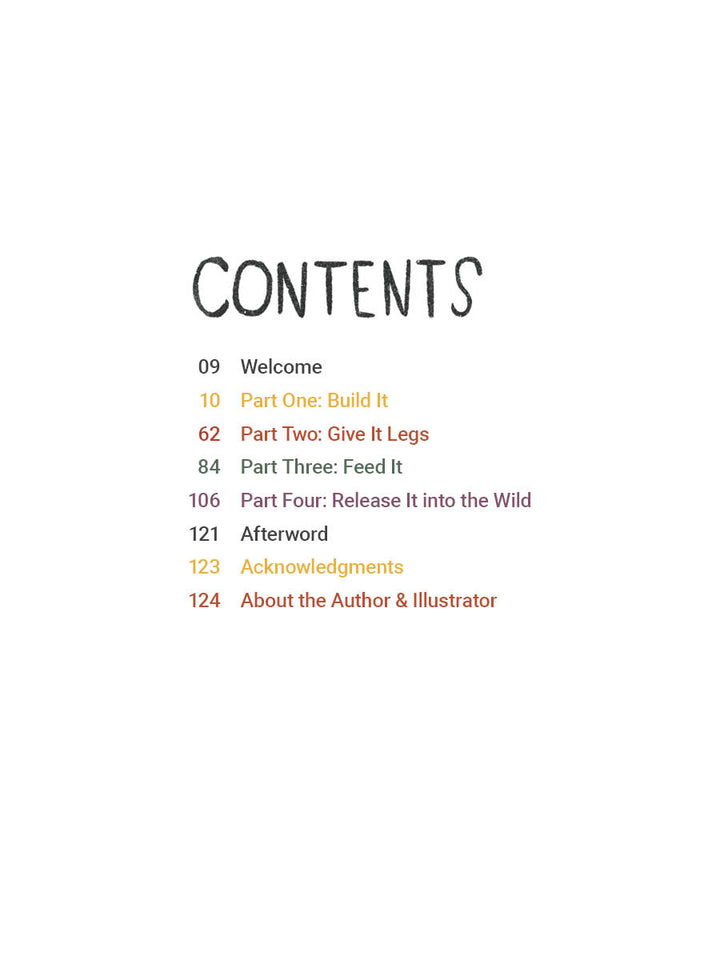 Table of contents: Welcome, Part One: Build It, Part Two: Give It Legs, Part Three: Feed It, Part Four: Release It into the Wild, Afterword, Acknowledgments, About the Author & Illustrator—My Idea by Schiffer Publishing, Ltd.