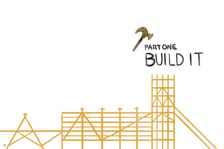 Yellow scaffolding outlines a building under construction as a hammer strikes the words "My Idea"—your creativity guide from Schiffer Publishing, Ltd. for idea development and finishing projects strong.