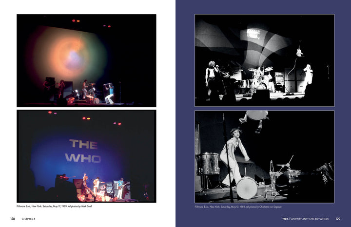 Four live performance photos of The Who—two color shots with “The Who” projected behind the band (left) and two black-and-white images capturing Pete Townshend's energy (right). Product by Schiffer Publishing, Ltd.