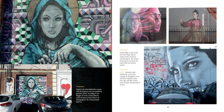A two-page spread from *Women on the Walls* by Schiffer Publishing, Ltd. showcases murals of women's faces in urban scenes with graffiti and cars, while the right page's text delves into the cultural context of street art.