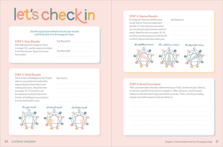 The Illustrated Enneagram by Schiffer Publishing, Ltd. is a pastel journal for self-development, featuring spaces for quiz results, type and stance summaries, an overview, diagrams, and lined notes on both pages.