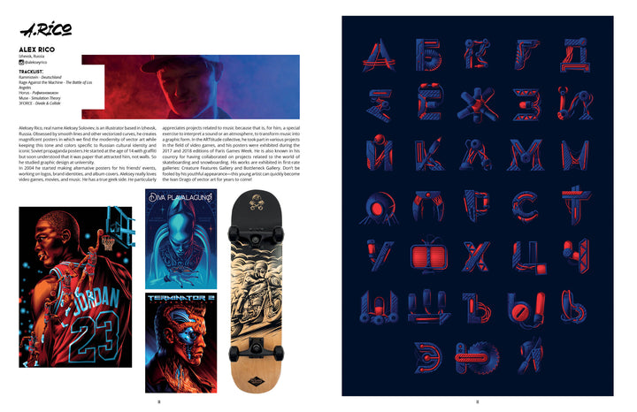 A two-page magazine spread features the Modern Calligraphy Bible by Schiffer Publishing, Ltd., showcasing its elegant scripts, creative lettering examples, and tips for beautiful penmanship. Product details and artist info appear on the left page.