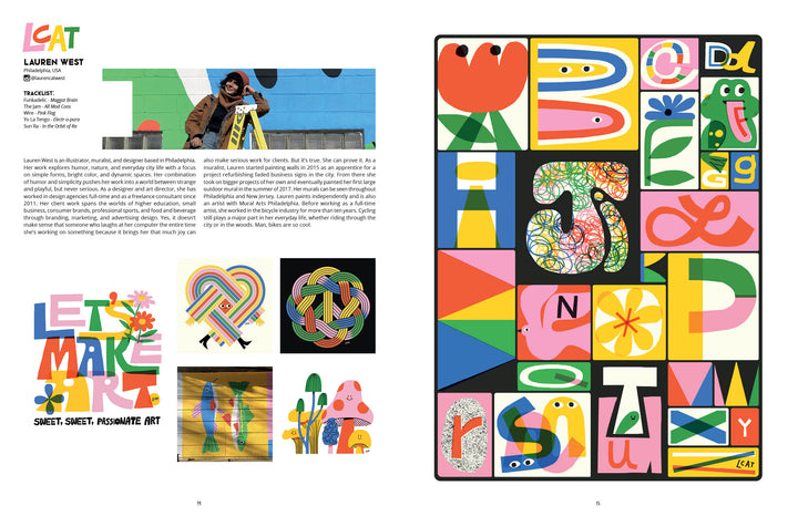 A colorful spread in the Modern Calligraphy Bible by Schiffer Publishing, Ltd. features artist Lauren West—her portrait, bio, playful illustrations on the left, and vibrant alphabet lettering with abstract designs on the right.
