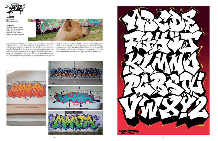 A magazine spread showcases the Modern Calligraphy Bible by Schiffer Publishing, Ltd. The left page presents the author’s bio, a dog, and four vibrant calligraphy samples; the right page highlights bold white lettering outlined in black and red on a black background.