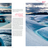 Three images from Schiffer Publishing, Ltd.'s "The North" show vivid blue meltwater pools and winding streams on Petermann Glacier in Greenland, with dramatic skies overhead. The page features overlaid text and coordinates.