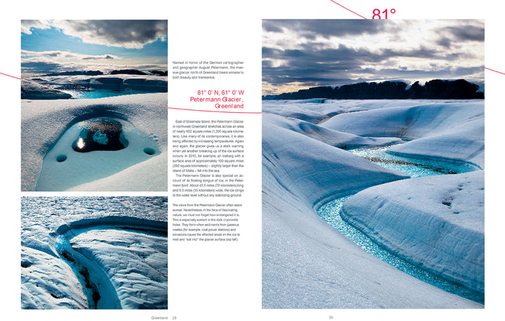Three images from Schiffer Publishing, Ltd.'s "The North" show vivid blue meltwater pools and winding streams on Petermann Glacier in Greenland, with dramatic skies overhead. The page features overlaid text and coordinates.
