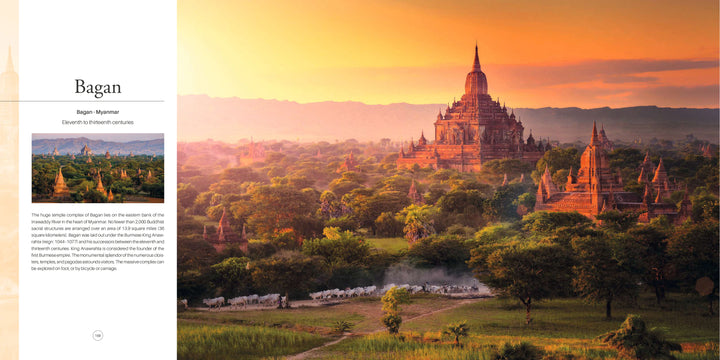 Experience the sunset glow over ancient temples in Bagan, Myanmar, as lush trees and roaming cattle create a timeless scene—discover it all in "Monumental" by Schiffer Publishing, Ltd.