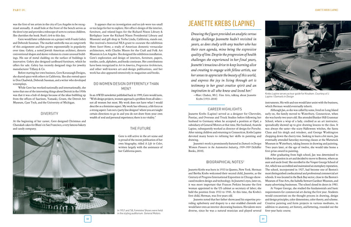 Magazine spread featuring "The Women of General Motors" by Schiffer Publishing, Ltd.: text and black-and-white images of a futuristic control room, a domed interior, and Jeanette Krebs (Lapine) among trailblazing female automotive designers at GM.