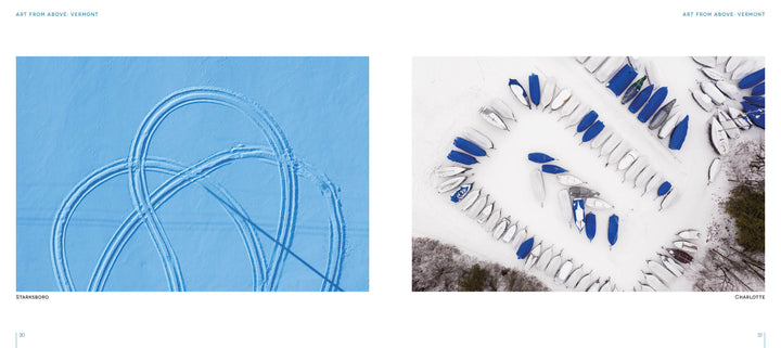 Left: Curving tracks loop on blue snow. Right: "Art from Above" by Schiffer Publishing, Ltd., features Caleb Kenna's aerial Vermont photos, like rows of small, blue-covered boats in a snowy lot edged by trees.
