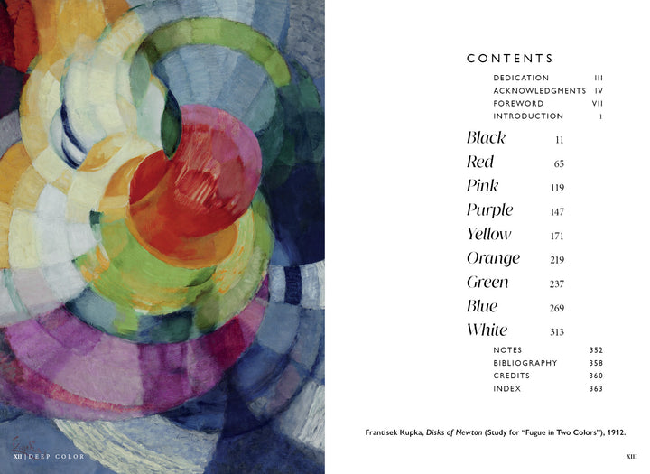 Deep Color" by Schiffer Publishing, Ltd. features vibrant swirling shapes in red, green, blue, yellow, and white on the left; on the right is a contents page about color's cultural significance with black text on white.