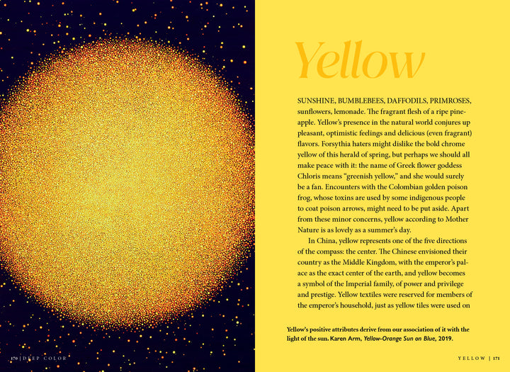 On Deep Color by Schiffer Publishing, Ltd., a glowing yellow-orange circle on the left contrasts with a yellow page on the right, which displays “Yellow” in large text and discusses its history and cultural meaning in detail.