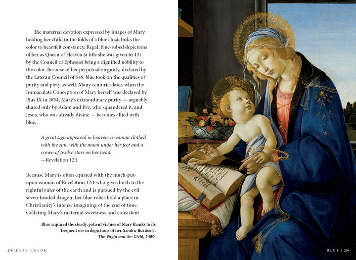 Deep Color by Schiffer Publishing, Ltd. features a Renaissance painting of the Virgin Mary in a blue robe holding baby Jesus, both with gold halos. The left page discusses Mary's symbolism and the cultural meaning of blue robes in art.