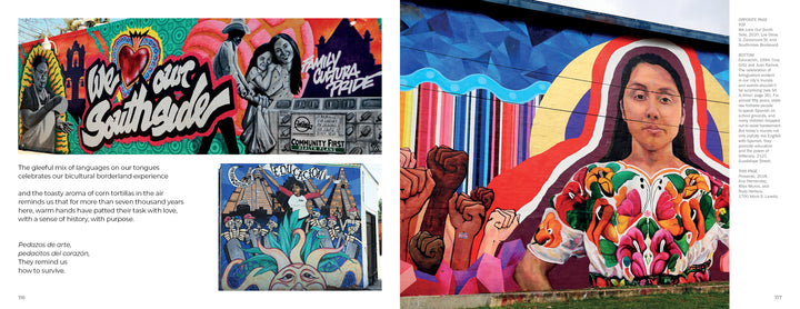 A vibrant street art mural from Arte del Pueblo by Schiffer Publishing, Ltd. features "La Voz de Santa Cecilia" in bold next to a fist holding a pencil, and on the right, San Antonio public art shows a young woman amid vivid, multicolored backgrounds.