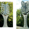 Three photos display the tall metal Bravery and Power sculptures with abstract designs, featured as striking San Antonio public art in Schiffer Publishing’s Arte del Pueblo. A portrait of artist Bernice Appelin-Williams is shown with text about her work.