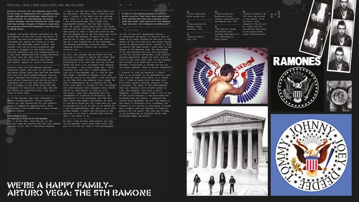 A two-page spread from "The Art of Punk" by Schiffer Publishing, Ltd. showcases Ramones text, black-and-white band photos, eagle logos, the U.S. Supreme Court, and a shirtless man with a Herpes Es Teco graphic—classic punk design.