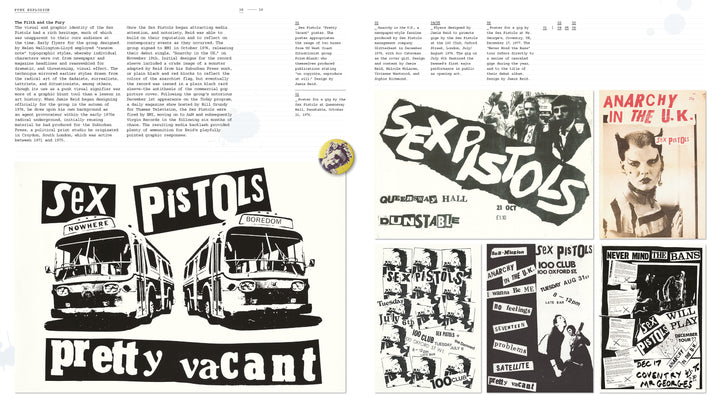 A collage from The Art of Punk by Schiffer Publishing, Ltd. showcases vintage Sex Pistols posters—“Pretty Vacant” buses, a badge, punk gig flyers, and “Anarchy in the U.K.” art—celebrating classic punk design.