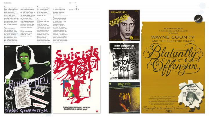The Art of Punk by Schiffer Publishing, Ltd. is a collage of punk concert posters and flyers with bands like Richard Hell and Wayne County, featuring bold text, vivid colors, band photos, and hand-drawn or splattered designs.