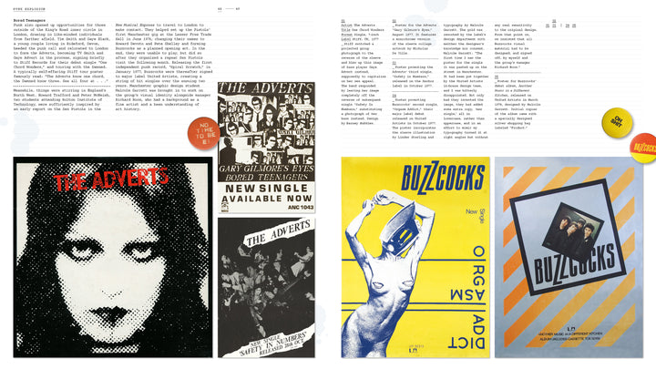 A two-page spread from "The Art of Punk" by Schiffer Publishing, Ltd. displays punk rock posters and flyers for The Adverts and Buzzcocks, highlighting bold black-and-white and yellow-and-blue graphic design styles.