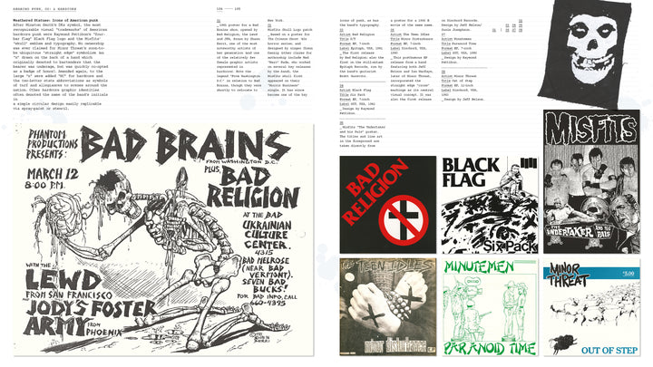 The Art of Punk" by Schiffer Publishing, Ltd. features punk cover art and flyers from bands like Bad Brains, Black Flag, Misfits, and Minor Threat, celebrating bold black-and-white graphics and classic punk design iconography.