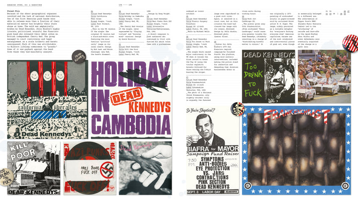 A double-page spread from "The Art of Punk" by Schiffer Publishing, Ltd. showcases text and punk rock visuals—Dead Kennedys album art, protest scenes, energetic crowds, political posters, and bold graphic designs.