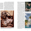 A two-page spread from "Florida Sculptors and Their Work" by Schiffer Publishing, Ltd. features art history, artist biographies, and images of sculptures, a man by a desk, and a fish statue fountain under a rainbow in Stuart, Florida.