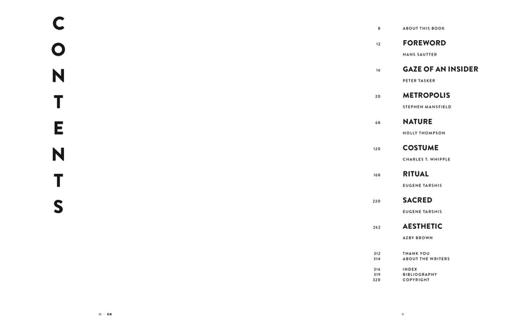 The Japan photography book by Schiffer Publishing, Ltd. features a minimal table of contents: CONTENTS aligned vertically left, with chapter titles like Foreword, Gaze of an Insider, Metropolis, and Nature plus page numbers on the right.