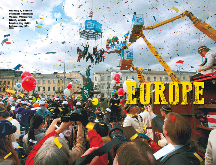 A lively Vappu crowd in Finland celebrates with confetti, balloons, and cranes lifting costumed revelers—featured in Schiffer Publishing, Ltd.'s "Useless Knowledge for the World Traveler," a fun pick for fans of global traditions and quirky travel trivia.
