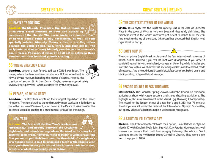 A two-page spread from "Useless Knowledge for the World Traveler" by Schiffer Publishing, Ltd. features quirky travel trivia about Great Britain and Ireland, with yellow highlights, icons, playful illustrations, and a Sherlock Holmes silhouette.