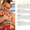 A sumo wrestler cradles a crying baby in traditional garb at a sumo baby contest, illustrating this quirky tradition. On the right, facts from "Useless Knowledge for the World Traveler" by Schiffer Publishing, Ltd. offer travel trivia and fun insights.
