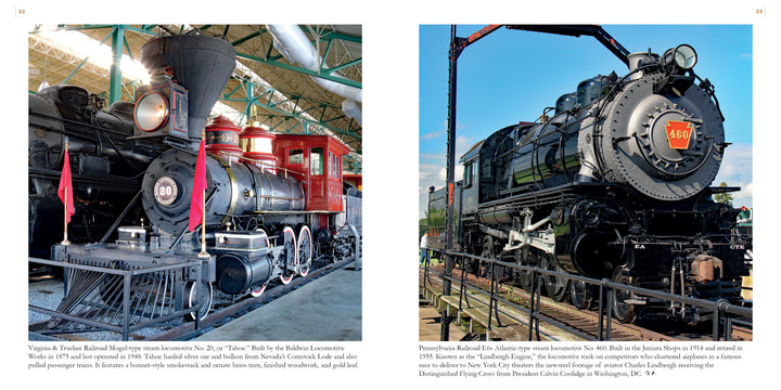 Capture memorable photos of the black-and-red Virginia & Truckee No. 20 and Pennsylvania Railroad No. 460 at the Railroad Museum of Pennsylvania—featured in "The Railroad Museum of Pennsylvania in Pictures" by Schiffer Publishing, Ltd.